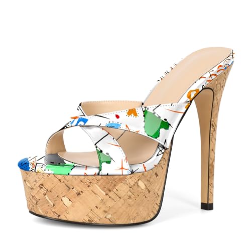 Image of Esvowido Heeled Mules for Women Cork Platform Stiletto Heels Slip on Open Toe High Heeled Sandals Crisscross Slippers Pumps Shoes
