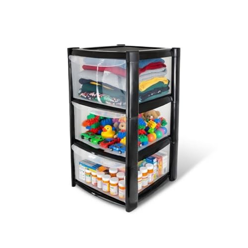 Image of ORGANIZED® Large 3 Drawer Plastic Storage Tower Black - Multipurpose Storage For Home | Office | Garage | School | Children's Toys | Stationary