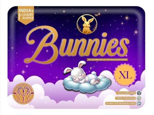 Image of Bunnies Premium All Night Absorb Pant Style Baby Diapers, Extra Large (XL) Size 12-18kg, Pack of 50 Ultra Soft Babies Diapers with Leakage Guard & Anti-Bacterial with 12 Hours Absorption