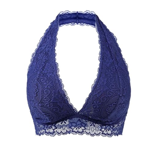 Cotorance Womens Lace Bra No Underwire No Pads V Neck Halterneck Bralettes Blue