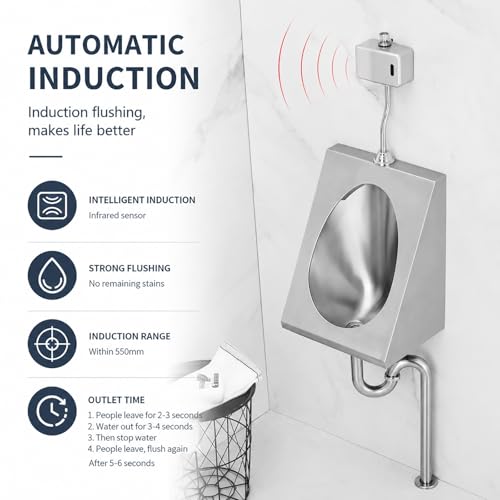 Urinal de acero inoxidable 304 montado en pared para hombres, con descarga automática por sensor, para baños comerciales, hoteles, bares, garajes y baños al aire libre (sensor superficial B, drenaje en pared) miniatura 2