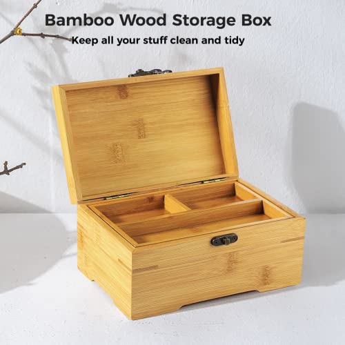 Cdoky Large Wooden Box With Hinged Lid, Bamboo Wood Multi-Purpose Storage Box With Tray 2 Compartments, Natural Wood Organizer For Photos, Jewelry Home Office Decor, 7 X 5 X 4 In (Large) #TOP1