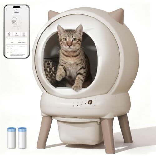 Self Cleaning Litter Box for Multiple Cats, E2 Automatic Cat Litter Box, Self-Cleaning Robot with Smart APP Control and Health Monitoring, Includes 2 Roll Trash Bag and Litter Mat, Off-White