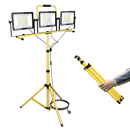 RIGIDON 300W Faretto da Cantiere LED con treppiede, 30000LM 6000K Bianco Proiettore a LED Luce da lavoro Impermeabile IP66 Faro LED Portatile per Interno ed esterno per Garage Giardino Costruzione