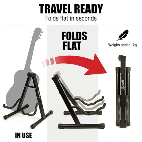 Image of RockJam A Frame Folding Guitar Stand with Cushioned Arms | Folding A frame guitar stand with soft foam arms and neoprene padding for acoustic, electric and bass guitars