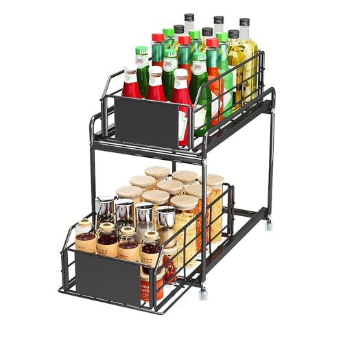 Fesatccoz Estante de Cocina Extensible de 2 Niveles, Estante de Almacenamiento Debajo del Fregadero Negro, Estante para Condimentos de Cocina, Apto para la Mayoría de Encimeras de Baños y Cocinas