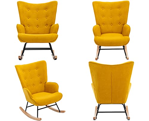Vescasa Chenille Rocking Chair With Tufted Wingback，23.5" Wide Midcentury Modern Rockers With Arms For Nursery/Reading Room/Living Room/Bedroom, Mustard Yellow #TOP5