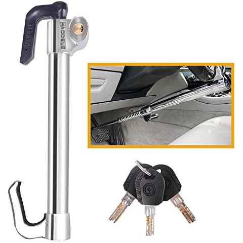 Tevlaphee Car Steering Wheel Lock Brake Pedal Clutch Lock Retractable Hook Universal Anti-Theft for Van Car SUV Lorry Truck Heavy Duty Car Auto Security with 3 Keys Cover