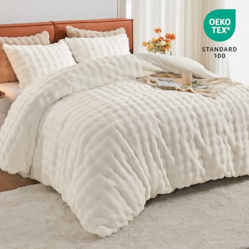 Image of EMME Faux Fur Duvet Cover Twin Size, 2 Pieces Ultra Soft Fluffy Comforter Cover, Cozy Warm for Winter, Luxury Elegant Shaggy Bubble Design Bedding, 1 Duvet Cover & 1 Pillow Shams (Twin, Cream White)