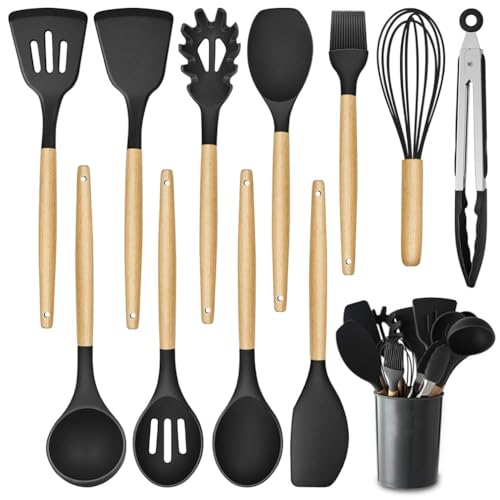 Kitchen Utensil Set, 12 PCS Silicone Cooking Utensils Set with Wooden Handle, Heat Resistant, Nonstick Cookware Tongs Spatula Spoon Set, Dishwasher Safe, Best Kitchen Tools (Black)
