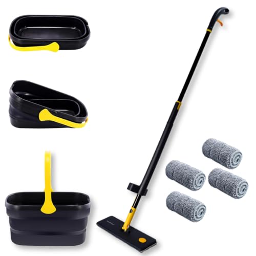 Image of MinuteToCleanIt Spray Mop with 4 Microfiber Refills and 12L Folding Bucket, Refillable Flat Floor Mop for Home Cleaning Tiles Marble Laminate