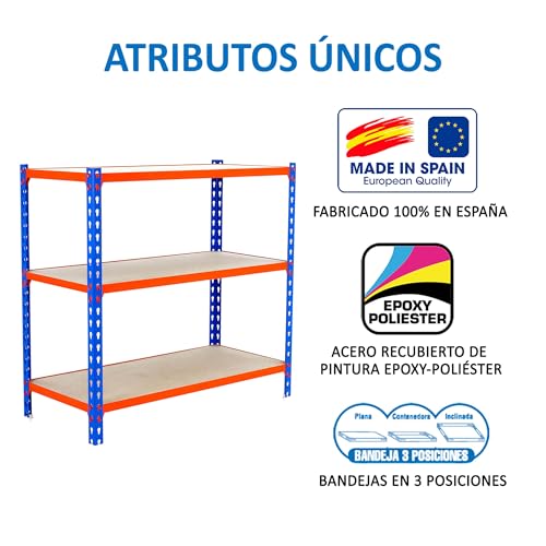 Simonrack Schwerlastregal, Lagerregal, 100x110x50 cm, Metallregal, Kellerregal, Biegestelle 200 kg, 3 Holzfachböden, Blau/Orange/Holz - Maderclick