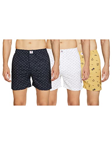 Neostreak Men’S Knee High Printed Boxers (Pack Of 3) (Neobxpr-P3-380-Whinav-376-Mus-M_White, Navy, Mustard_Medium)
