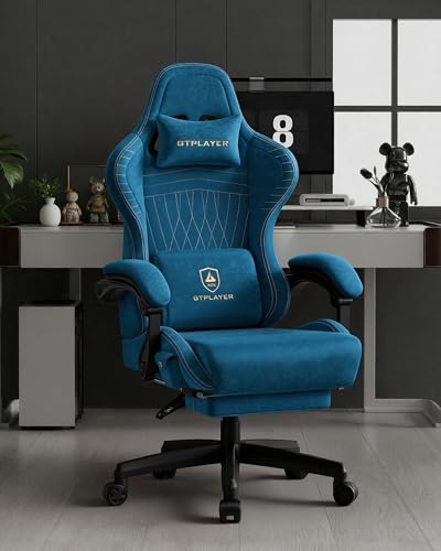 Image of GTPLAYER Ace Pro Gaming Chair, Built-in Speakers & Reclining Footrest | Ergonomic High-Back Chair with Lumbar Support, Linkage Armrest & Padded Seat for Home Office Gaming, Dark Blue (Velvet)