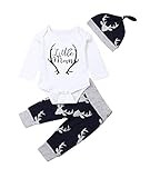 Verpackung: 1*Langarmbody + 1*Hosen + 1*Hut (bitte gemäß Größentabelle kaufen, wir messen manuell, es kann 1-2cm Fehler geben, bitte nach Babygröße kaufen)