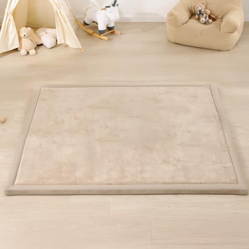Image of 1.3 inch Thick Baby Floor Play Mat, 59x79 Padded Foam Tummy Time Crawling Mat, Non-Slip Water-Repellent Soft Plush Nursey Area Rug for Playroom Bedroom Living Room (Beige)