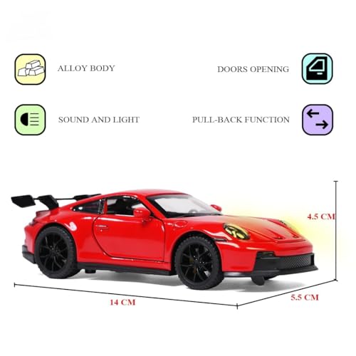 Image of 1:32 Porsche 911 GT3 Sport Car Model - Diecast Alloy Toy Vehicle with Pull Back Action, Sound, Light & Openable Doors, Hood & Trunk for Kids and Collectors (RED)
