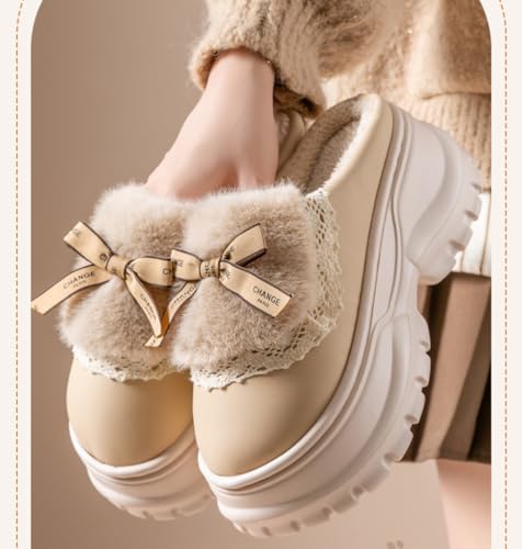 Cute Plush Platform Slippers for Women Bowknot Anti-Slip Cotton House Chunky Shoes, Indoor/Outdoor Cozy Winter Fuzzy Slides2