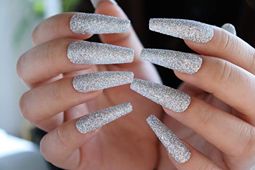 Misud Glitter False Nails Extra Long Coffin Fake Nails Shiny Silver Full Cover Press On Nails For Women And Girls #TOP28