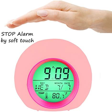 YUES Kids Alarm Clock, Digital LED Light Alarm Clock with 6 Natural Sounds and 8 Color Changing Night Light ,Pink