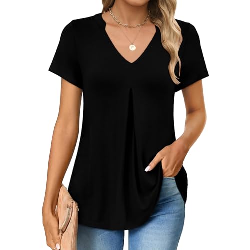 Elesomo Damen Shirt Sommer Longshirt Kurzarm V-Ausschnitt Oberteile Plissee Top Einfarbig Lang Tshirts, Schwarz M