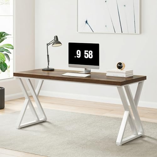 Image of Tribesigns Modern Walnut /White 55 inch Heavy Duty Computer Desk, Study & Work Desk, 23.6 inchD x 55.1 inchW x 29.5 inchH, Z-Shaped Metal Legs, 330 lbs Capacity