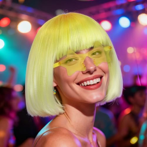 Image of ANOGOL Hair Cap + (Sunglasses) Yellow Gradient Bob Wig with Bangs Womens Party Wigs with Star-Shaped Glasses Short Neon Wig Daily Party Fun Wigs Women Halloween Costume Bachelorette Hair