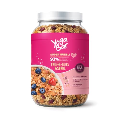 Yogabar Muesli Fruit And Nuts | 1kg Jar | 93% Wholegrain Breakfast Cereals With Oats, Dry Fruits, And Nuts & Seeds, High In Omega 3, Gluten Free Granola With Chia And Flax Seeds