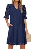 MEROKEETY Women's 2025 Summer Short Sleeve Mini Dress V Neck Ruffle Hollow Out Eyelet Lace Dresses, Navy, Medium