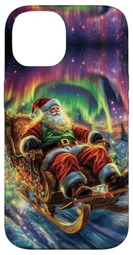 Carcasa para iPhone 14 Santa Claus Sleigh Borealis Northern Lights Christmas