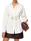 UOOZEE Women‘s Oversized Long Sleeve Button Down Shirt with Detachable Belt Casual Elegant Office Tunic Top 2026 Blouses, White, XL