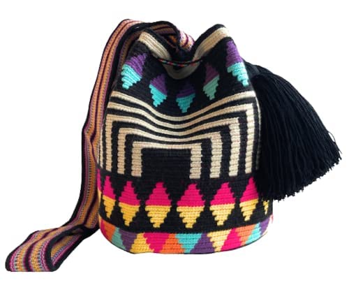 Wayuu Mochila para mulheres, bolsas boho colombianas, feitas à mão com borlas grandes e bonitas, Modelo 7 - Médio