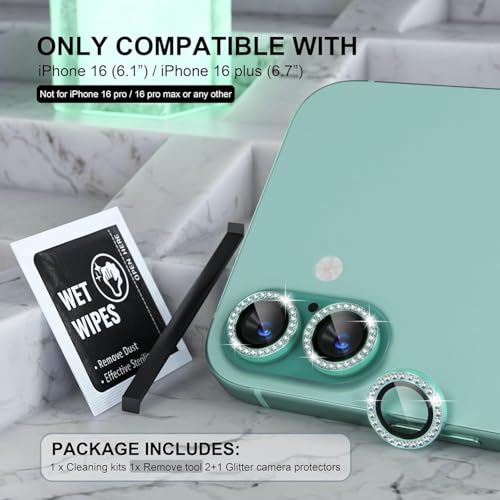 Image of Diamond Camera Lens Protector for iPhone 16 & iPhone 16 Plus Green HD Clear 9H Hard Tempered Glass Camera Cover Waterproof Easy Install Full Camera Protection Anti Drop Case Friendly Luxury Shiny Diamond Design