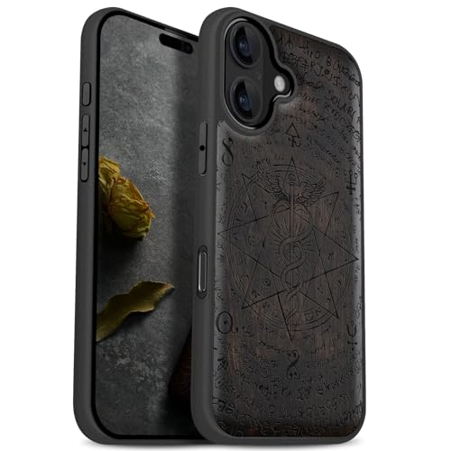Coque iPhone 17 Magsafe en bois sombre sculpté Caducée chic
