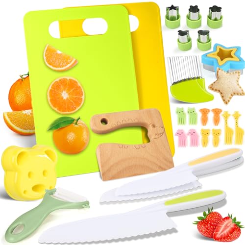 Kids Cooking Sets Real 25Pcs, Toddler Knife Sets, Montessori Kitchen Tools for Toddlers, Kids Kitchen Knife Set with Cutting Board Safe Knives Peeler Sandwich Cutters Crinkle Cutter, for Girls Boys