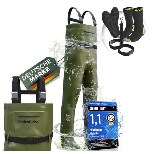 Heimfleiss® Wathose Herren Wasserdicht mit Stiefel (Gr. 43) | Unisex Nylon Anglerhose inkl. Zubehör | rutschfeste Fischerhose zum Angeln oder zur Teichreinigung | Wader Watthose Teichhose Angelhose
