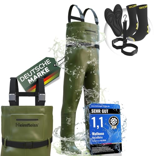 Heimfleiss® Wathose Herren Wasserdicht mit Stiefel (Gr. 43) | Unisex Nylon Anglerhose inkl. Zubehör | rutschfeste Fischerhose zum Angeln oder zur Teichreinigung | Wader Watthose Teichhose Angelhose