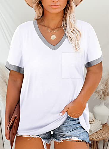 Eytino Women Plus Size Tshirts Summer Loose Striped Short Sleeve V Neck Pocket Blouse Tops,2X White — view 2