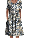 AHAIJ Womens Summer Floral Print Short Sleeve Sundress Pocket Casual Loose Pleated Swing T-Shirt Dress (Colorful Flower, XX-Large)