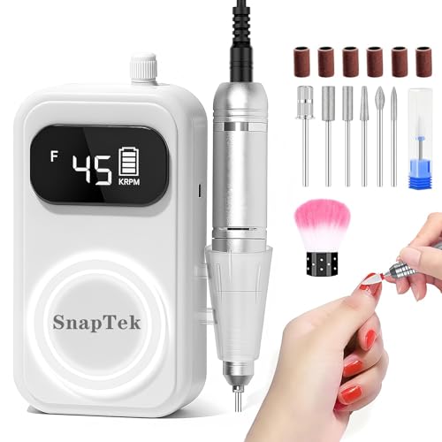 Electric Nail File 45000RPM, Electric Nail Drill Professional with 8 Bits, 6 Bands, LED Screen, Portable Rechargeable Nail Drill Machine for Acrylic and Gel Nails, E File Kit for Home Salon(White)
