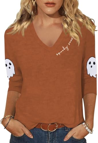 Women's Funny Ghost Graphic 3/4 Sleeve V Neck Tee Halloween Spooky Season Printed T Shirt Fall Family Matching Tops(Large,Brown02)