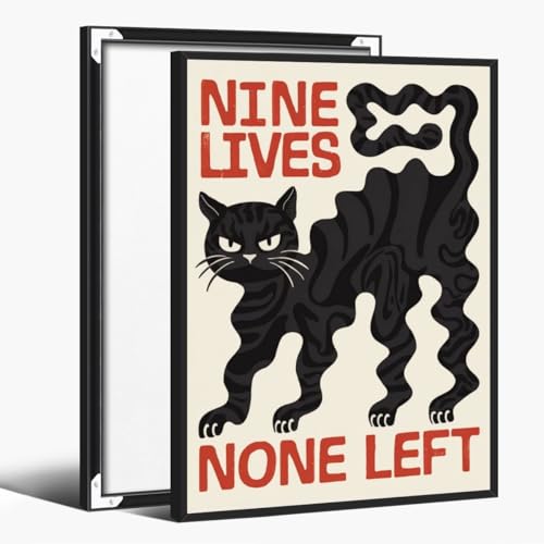 Funny Black Cat Wall Art Nine Lives None Left Gothic