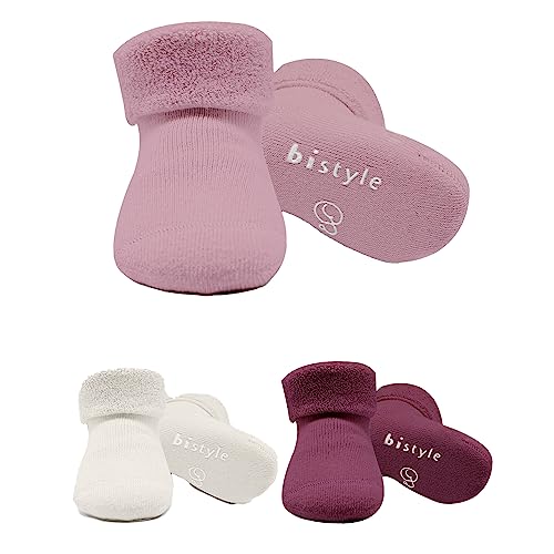 Image of Bistyle Baby Non-Slip Terry Socks 3 Pairs - Thick Cotton Seamless Infants Toddlers Kids Winter Warming Socks