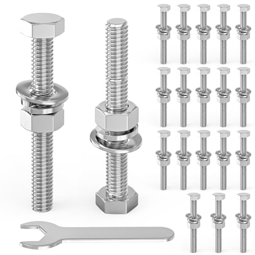 Image of 20PCS 5 /16-18 inch x 3 inch 304 Stainless Steel External Hex Bolt, Fully Threaded Bolt with Nut Flat & Lock Washers and Spanner