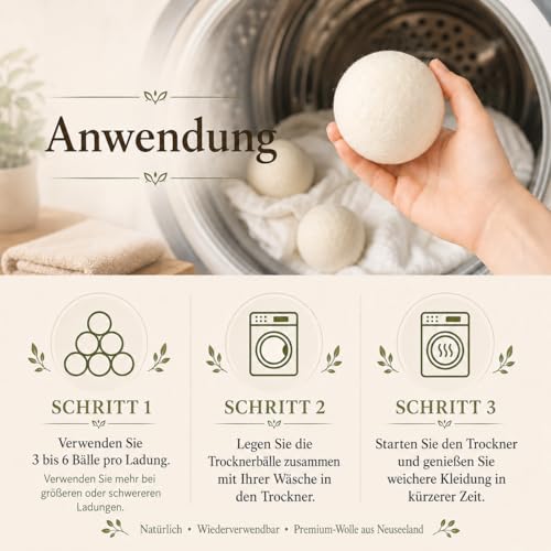 Trocknerbälle, 6 Stück 7cm Trocknerbälle für Wäschetrockner Wolle Schafwoll 100% Natürlich Chemiefrei trocknerball Wiederverwendbar Antistatisch Reduziert Falten und Trocknungszeit