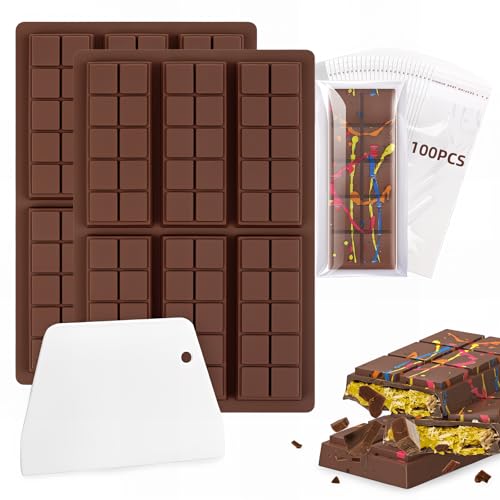 Bugucat Schokoladenform Silikon Set, 2 Stück Schokoladenform mit Schaber und 100 Verpackungsbeuteln, Silikonform Schokolade, Perfekt für DIY Schokolade (Platz)