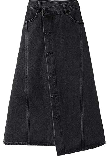 CHARTOU Women's Vintage High Waist Slanted Irregular A Line Midi Long Denim Skirt (X-Large, Black)