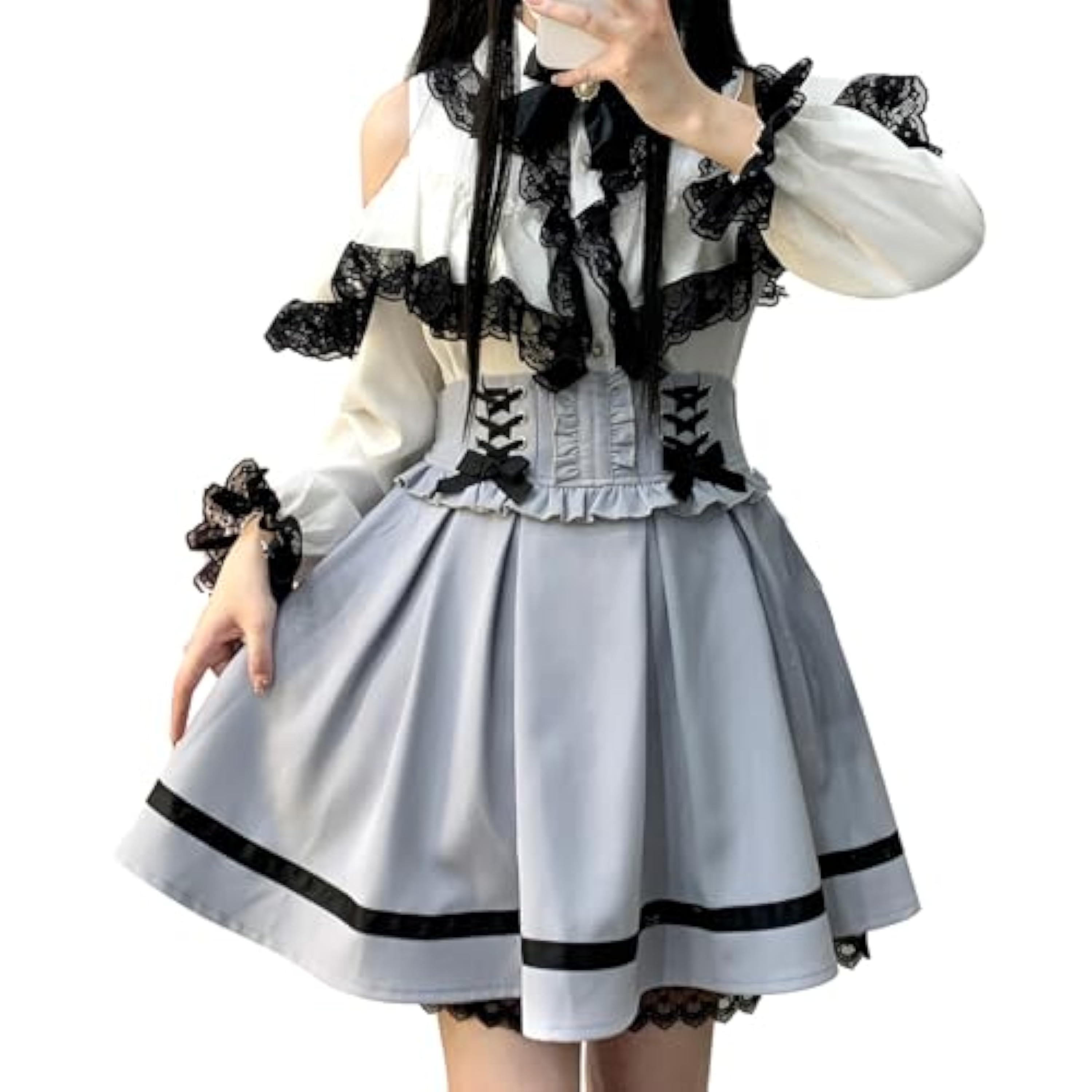 Cuteighteen Lolita Kawaii - Minifalda con cordones para mujer, estilo gótico, plisada, de cintura alta, lindos volantes, acampanada, para niñas escolares, Azul/claro, Talla única