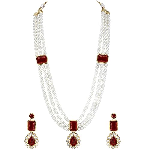 Image of Peora Crystal Faux Pearl Kundan Necklace & Jewellery Set Gift for Women