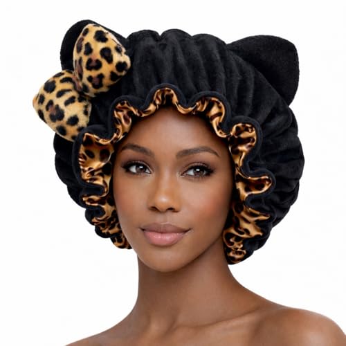 Cute Plush Animal Ear Hair Bonnet for Women - Warm Silky Satin Lined Sleep Cap for Curly Hair. Cat Bear and Leopard Designs - Black Leopard